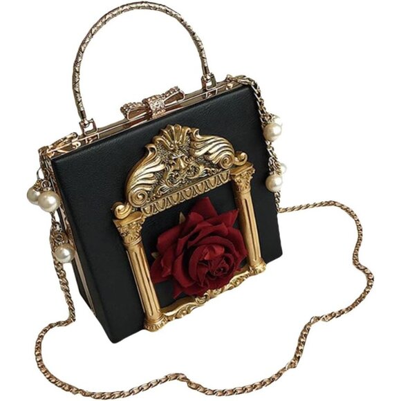 Gothic Victorian Handbag Women Black PU Leather Clutch with Rose Frame